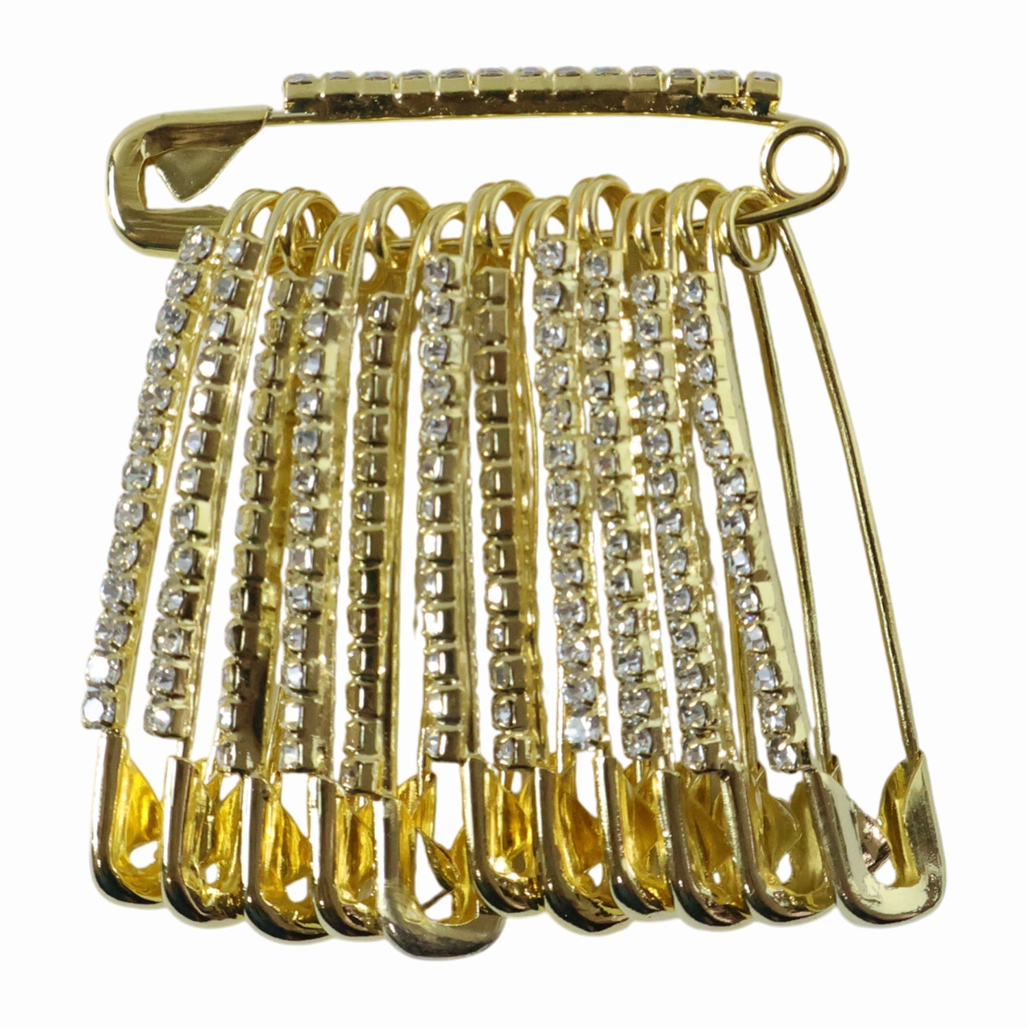 Golden safety pin brooch clips viewed from top showcasing smooth edges