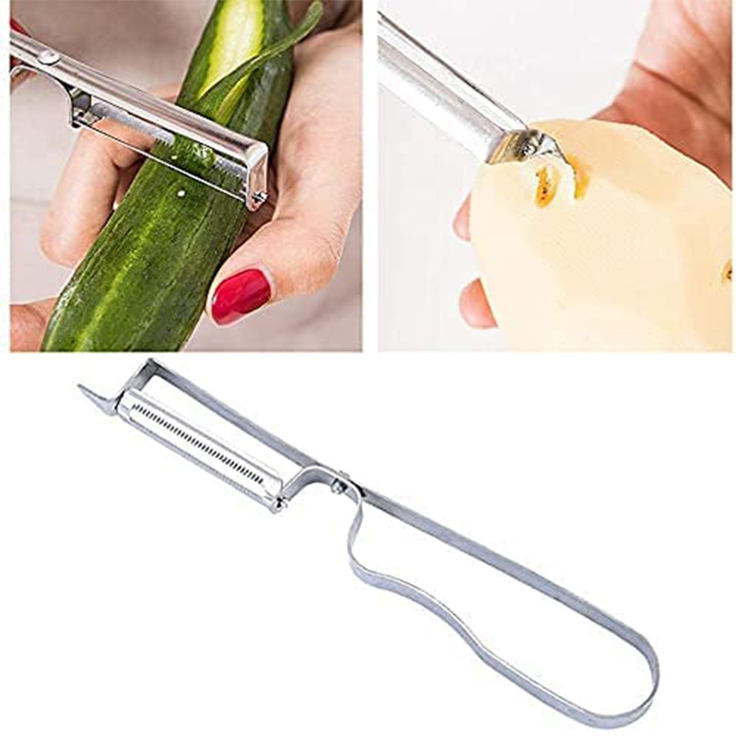 Using 3-in-1 stainless steel peeler to peel fresh vegetable smoothly