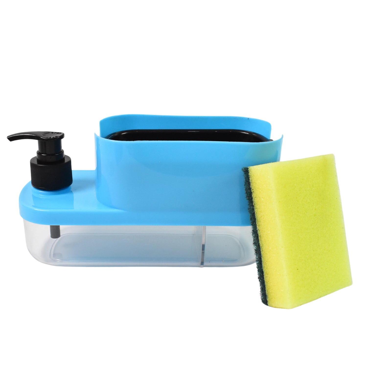Compact 3-in-1 dispenser with sponge holder showcasing its space-saving design.