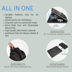 Multiple angle view of the foldable laptop stand with a free phone holder.