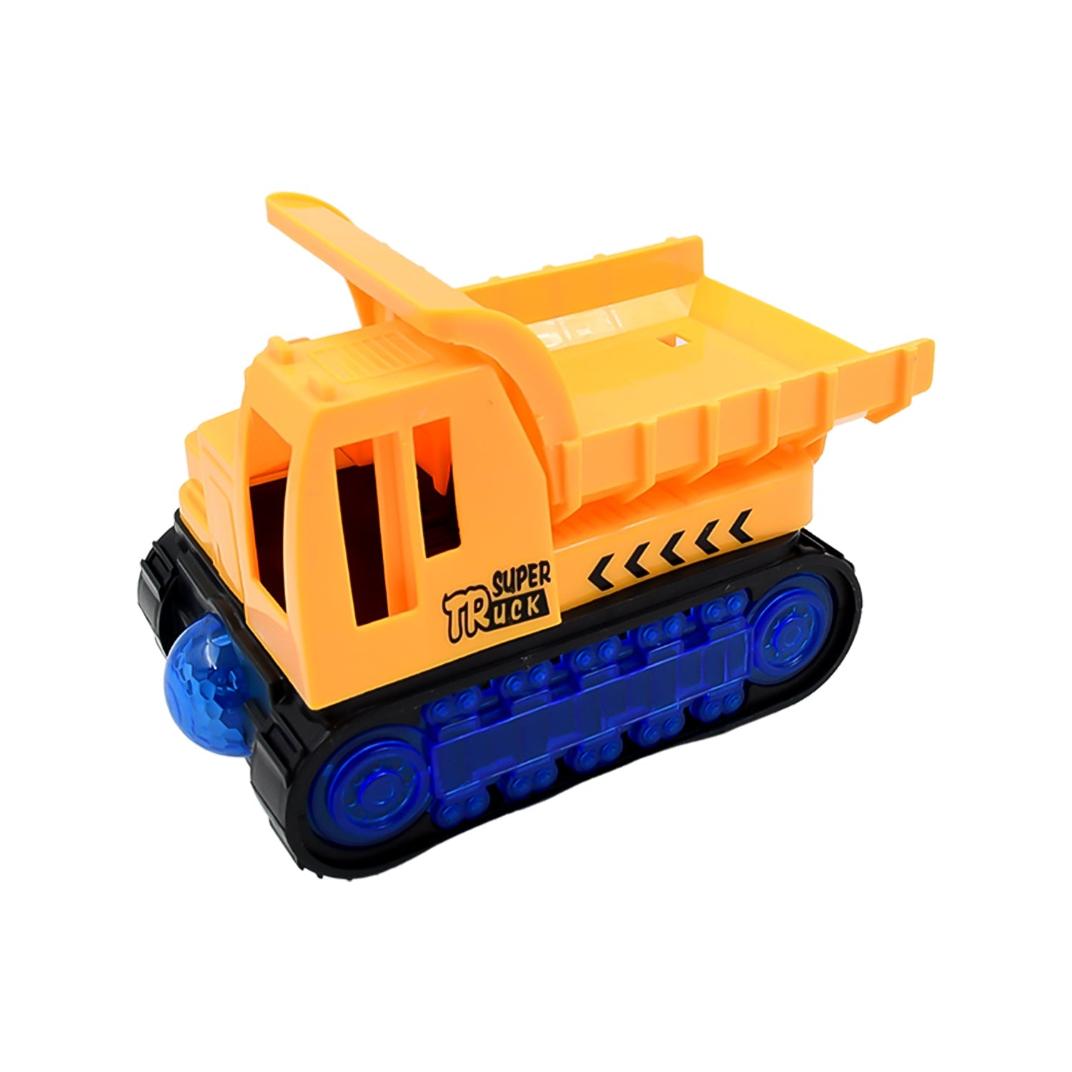 Close-up of the dump truck's cabin and shovel, highlighting its robust construction.