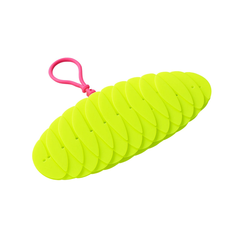 Close-up of flexible worm tactile fidget toy showing segmented design