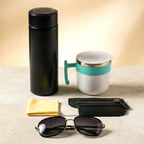 Multipurpose travel utility gift set including pouch, bottle, mug and sunglasses