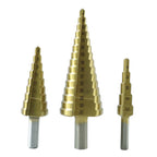 HSS steel step drill bits effectively creating clean holes in wood and metal materials.