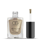 High-pigment vintage brass brass nail polish applied on nails with metallic shimmer