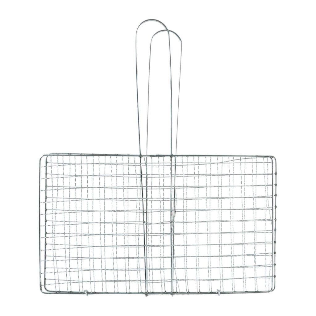 Grill basket flipped during outdoor barbecuing for easy handling