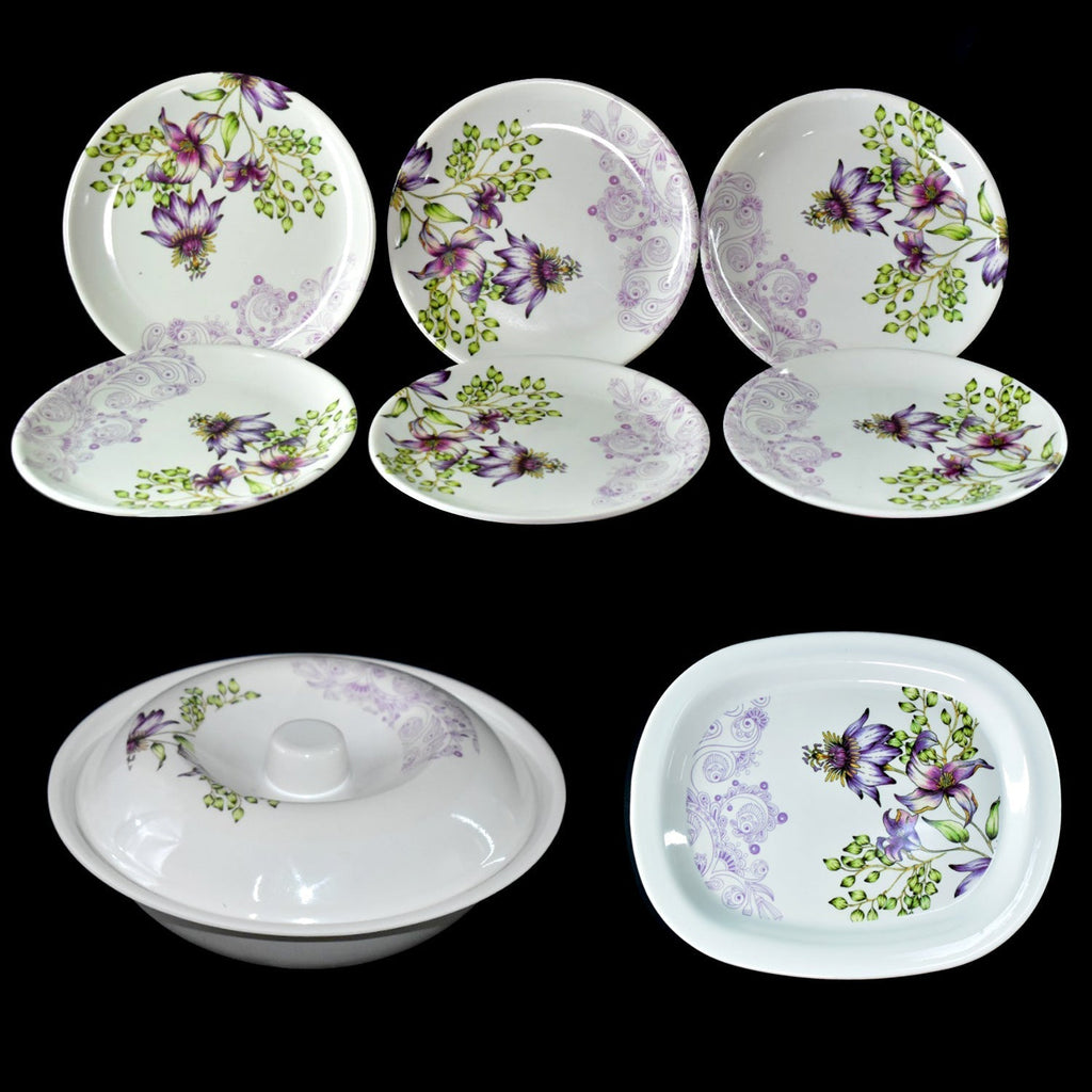 Complete 32-piece plastic dinnerware set, including plates and utensils.