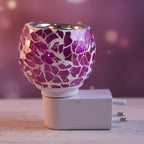 Side view of compact electric aroma diffuser lamp with purple mosaic design