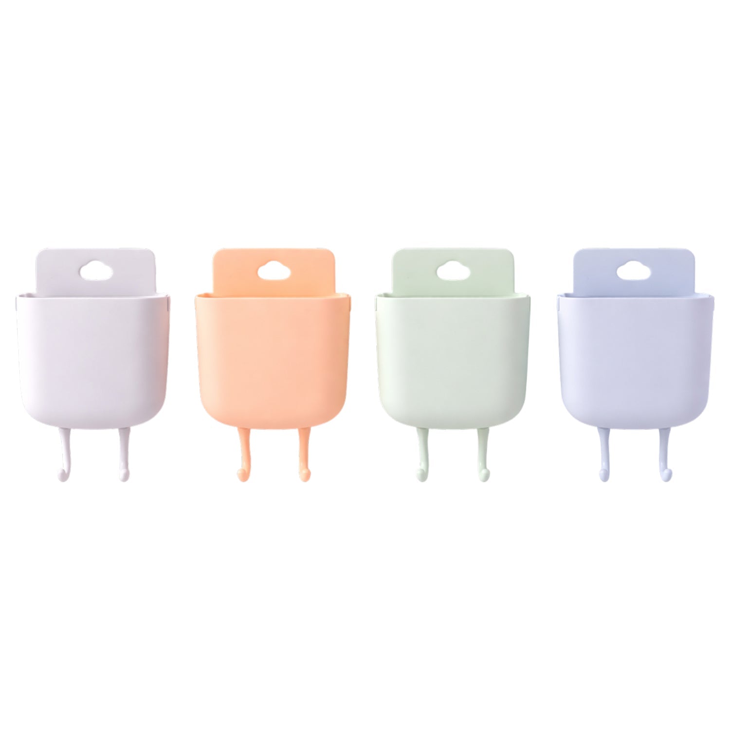 Space saving plastic wall phone stand with storage pocket and hooks