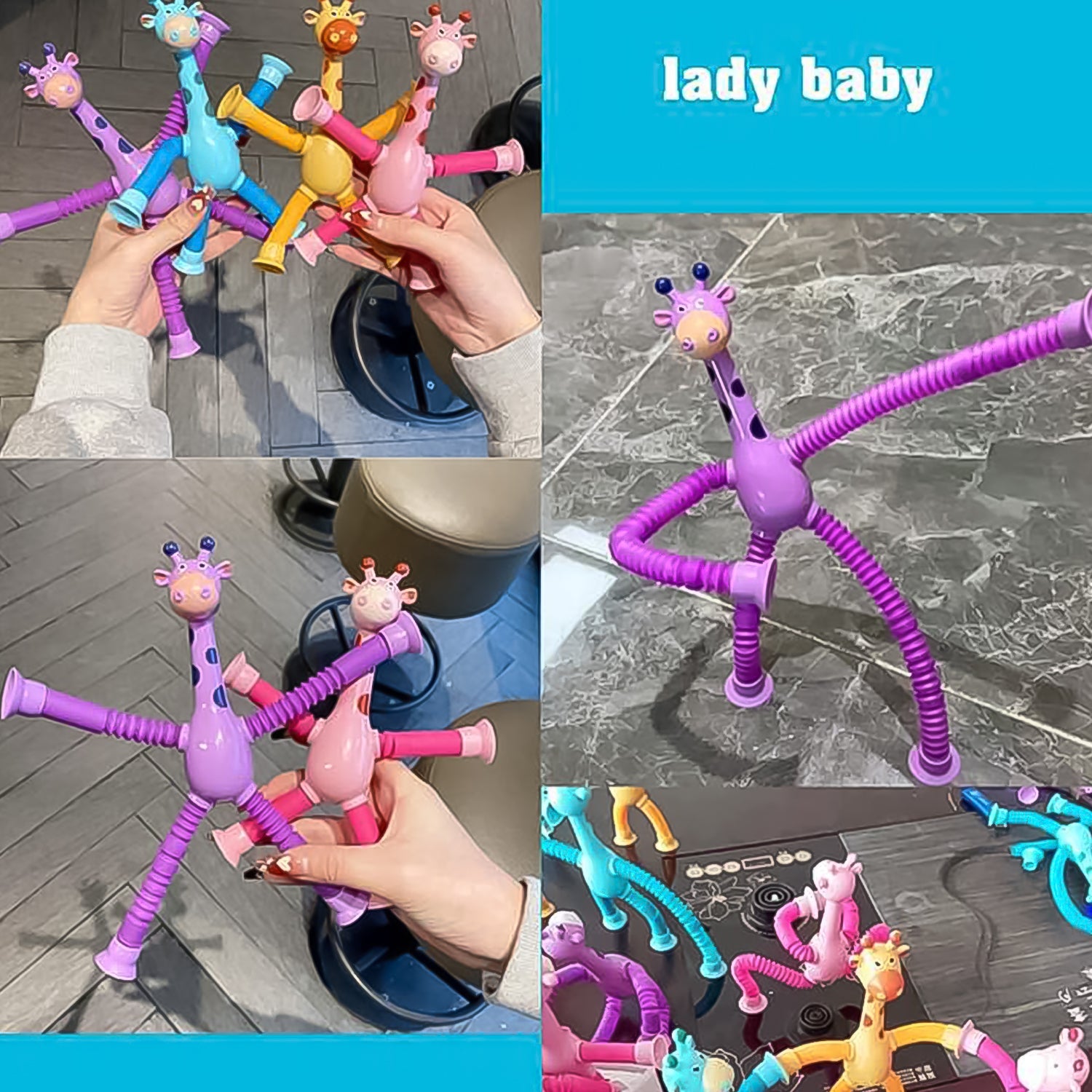 Kids playing happily with LED giraffe suction cup toys, promoting sensory play.