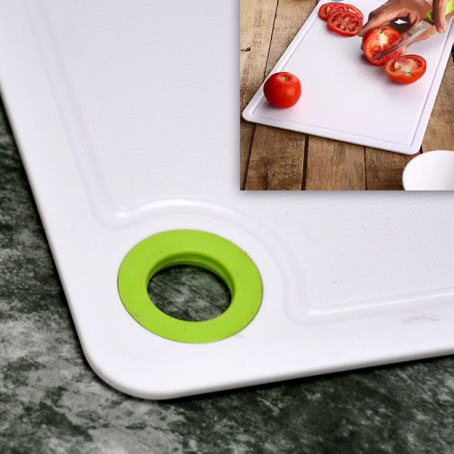 Skid-proof plastic cutting board with a smooth, hygienic surface for veggies and fruits.