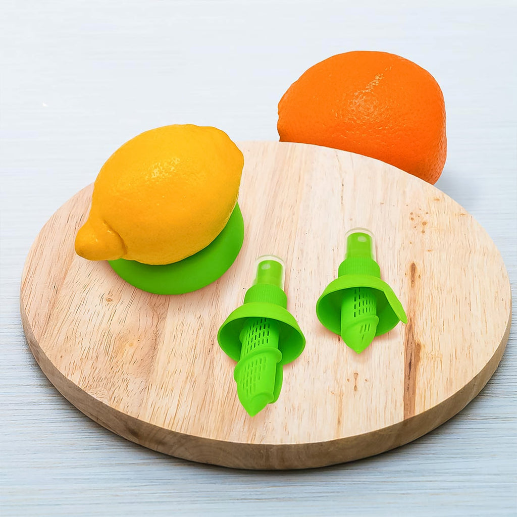 A compact citrus sprayer effortlessly misting juice from a fresh lemon.