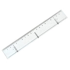 Detailed view of 20 cm transparent plastic ruler measurement markings