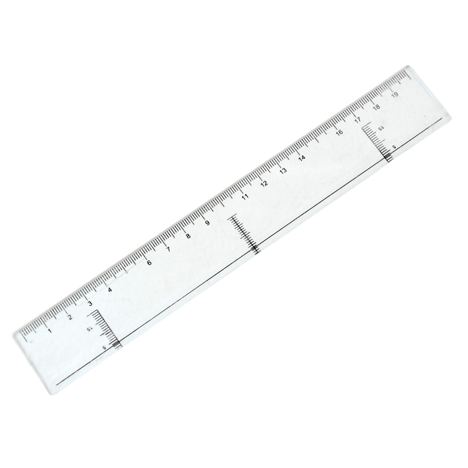 Detailed view of 20 cm transparent plastic ruler measurement markings