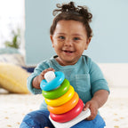 Colorful plastic stacking rings with a cute teddy bear head for kids.