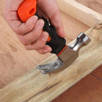 The compact mini claw hammer displayed next to a measuring tape, showing its 15 cm length.