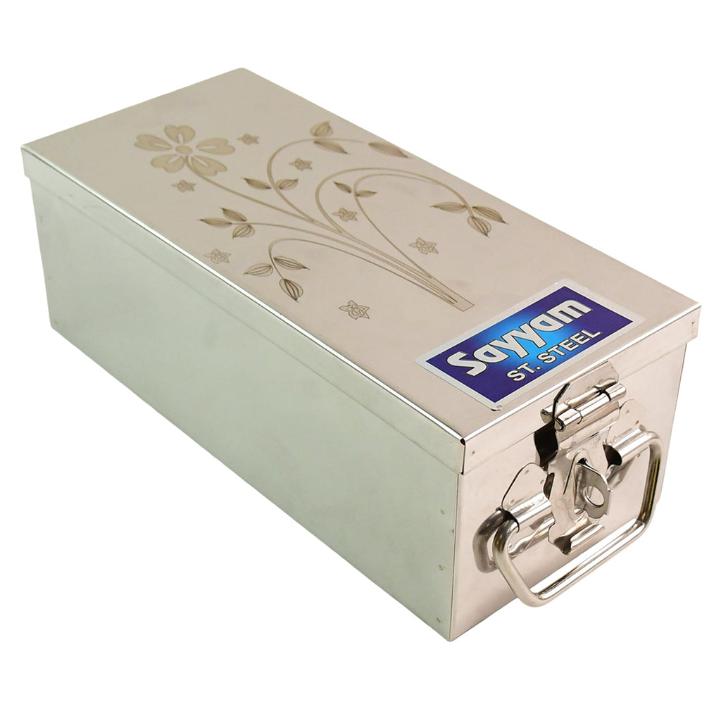 Closed view of the polished stainless steel Jewellery Storage Box, ready for secure transport or display.