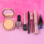 Travel-friendly makeup kit with compact powders and lip shades