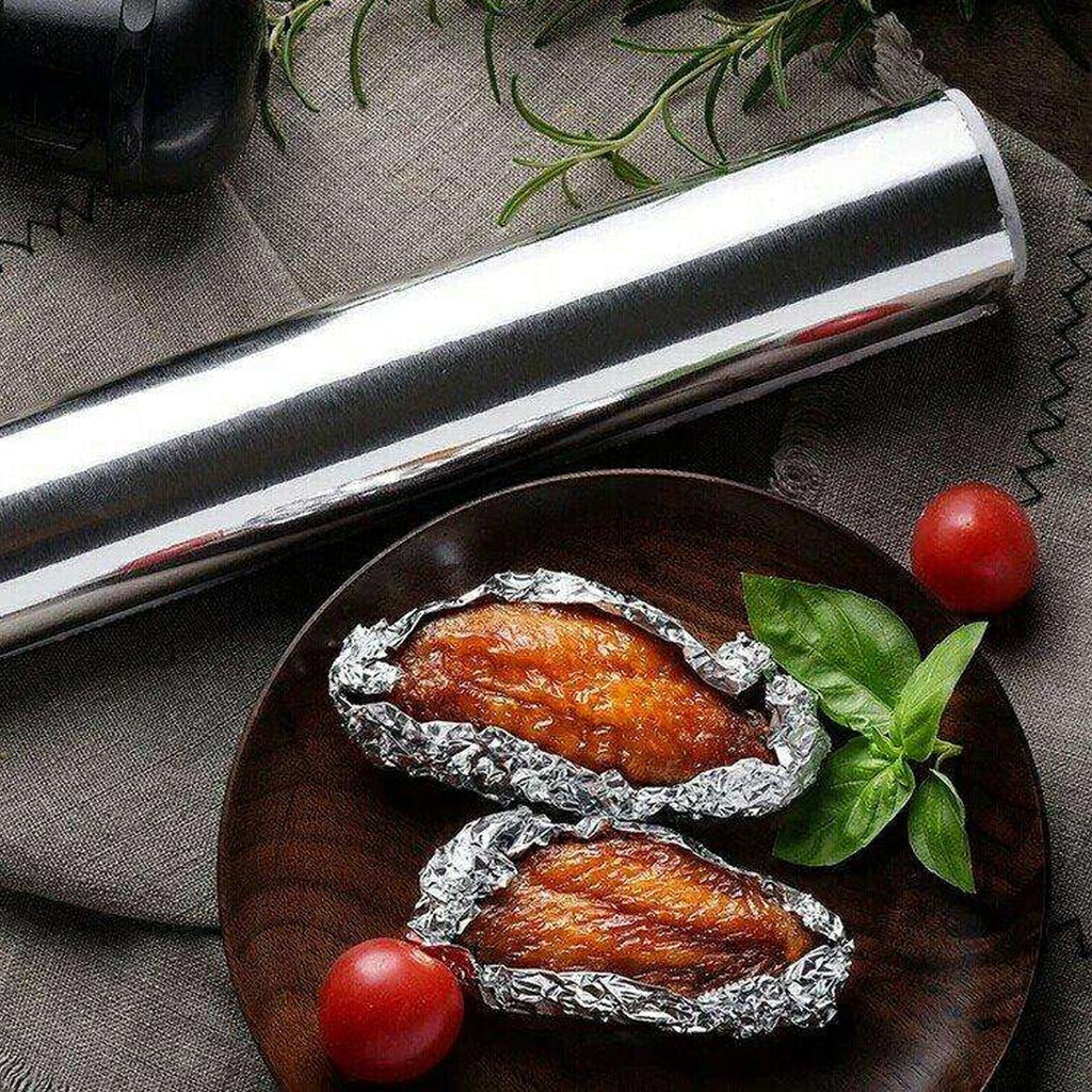 Aluminum foil roll, heavy duty and non-stick, ideal for wrapping.