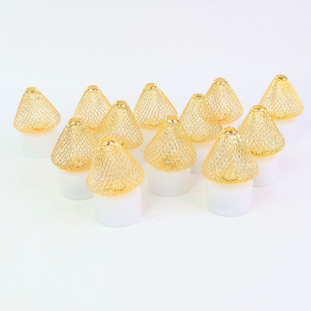 Golden net covered LED flameless candles emitting warm white light for home decor