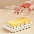 Front view of the transparent Butter Slicer Box by Organivo, ready for use.