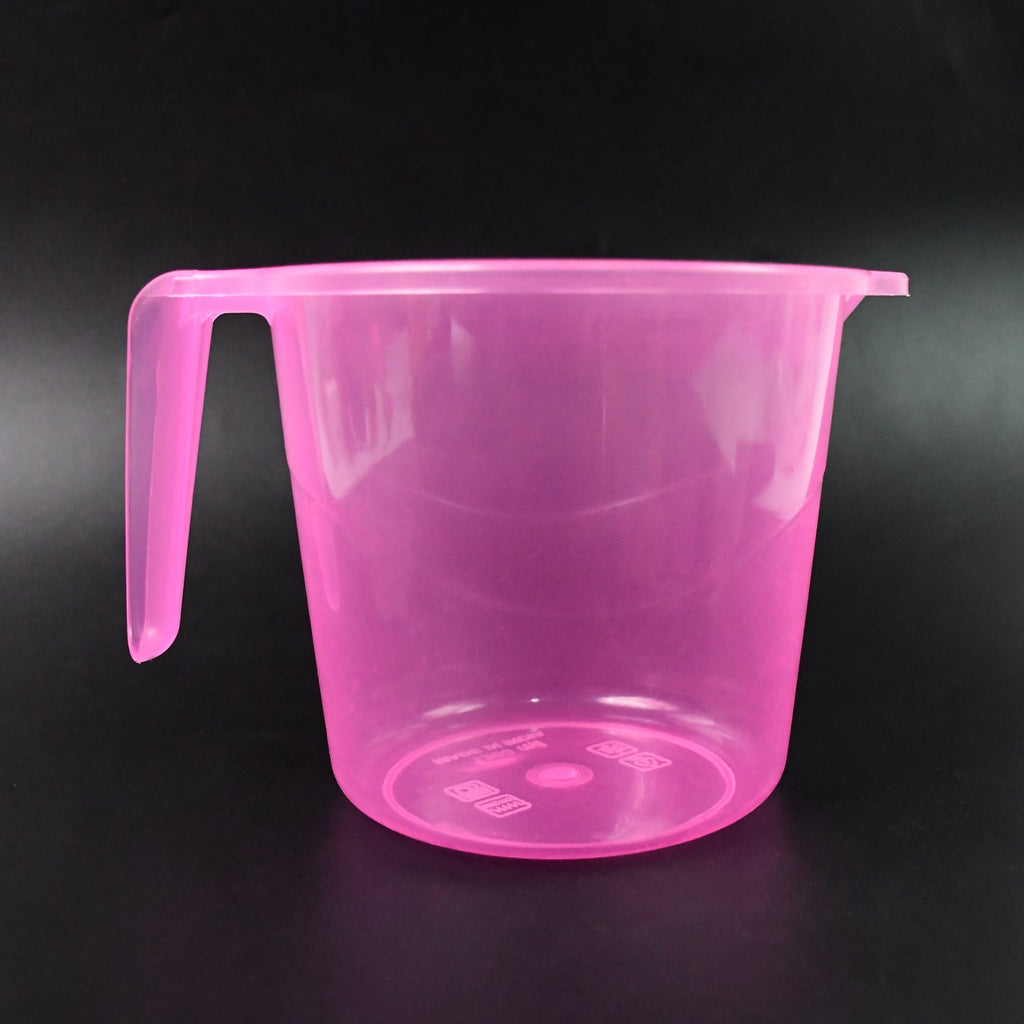 Empty transparent plastic bath mug on a plain background, ready for household use.