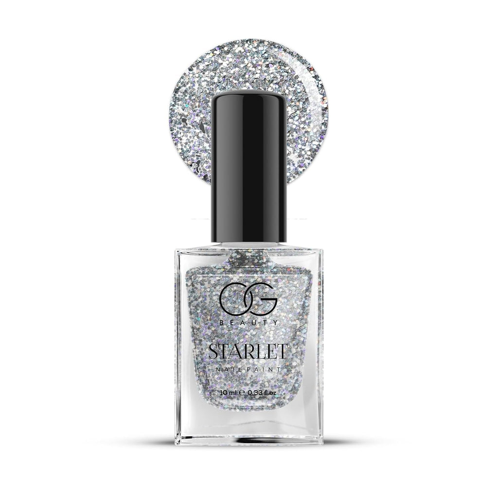 OG Beauty Starlight Silver Nail Polish showing glossy glitter nail color