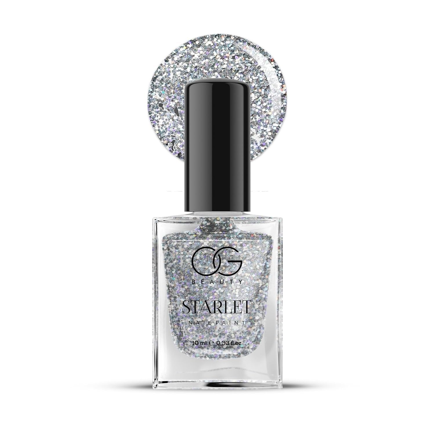 OG Beauty Starlight Silver Nail Polish showing glossy glitter nail color