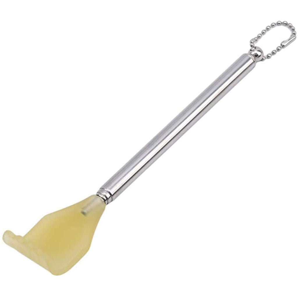 Stainless steel back scratcher fully extended, demonstrating its long reach.