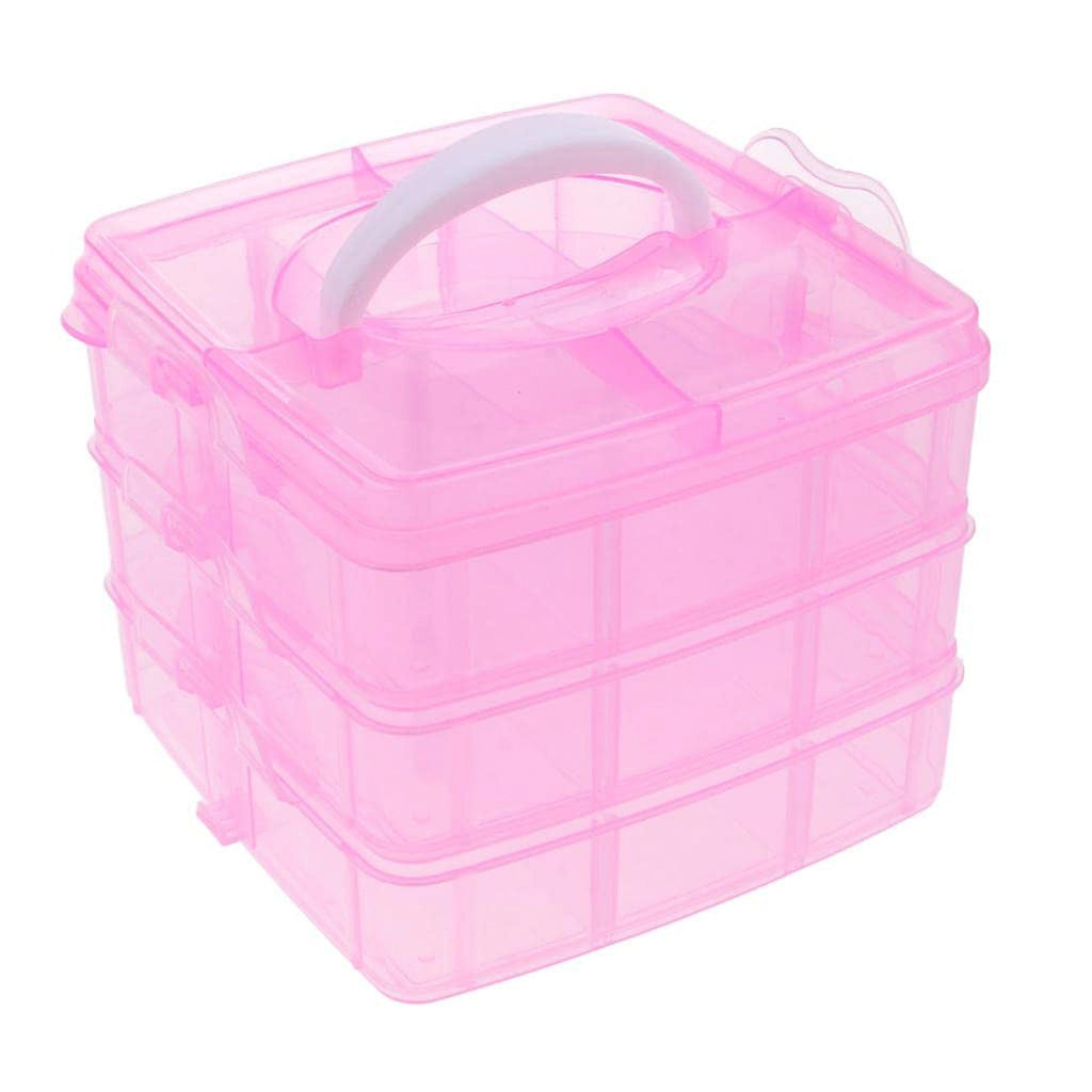 Portable 3-layer plastic storage box with a sturdy carrying handle.