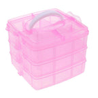 Portable 3-layer plastic storage box with a sturdy carrying handle.