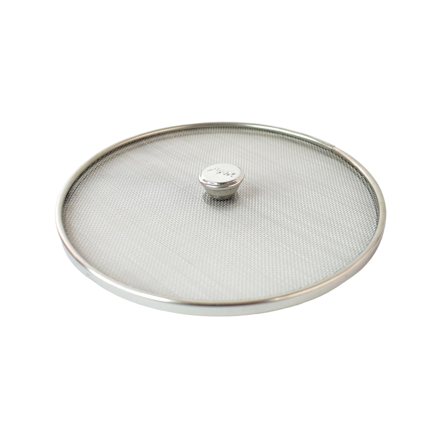 Close-up of ergonomic heat-resistant handle on stainless steel splatter guard