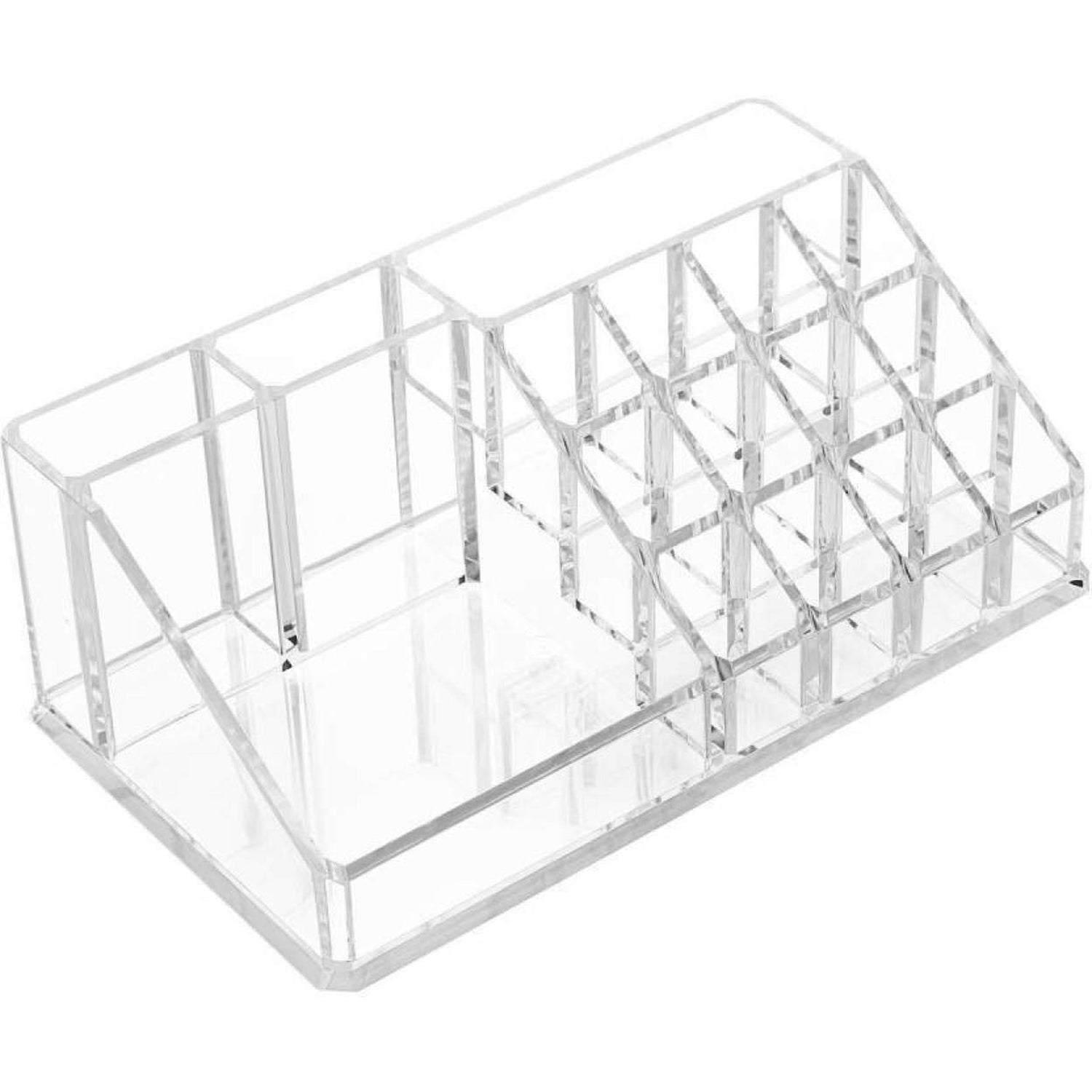 Acrylic makeup organizer box on vanity table with cosmetics inside