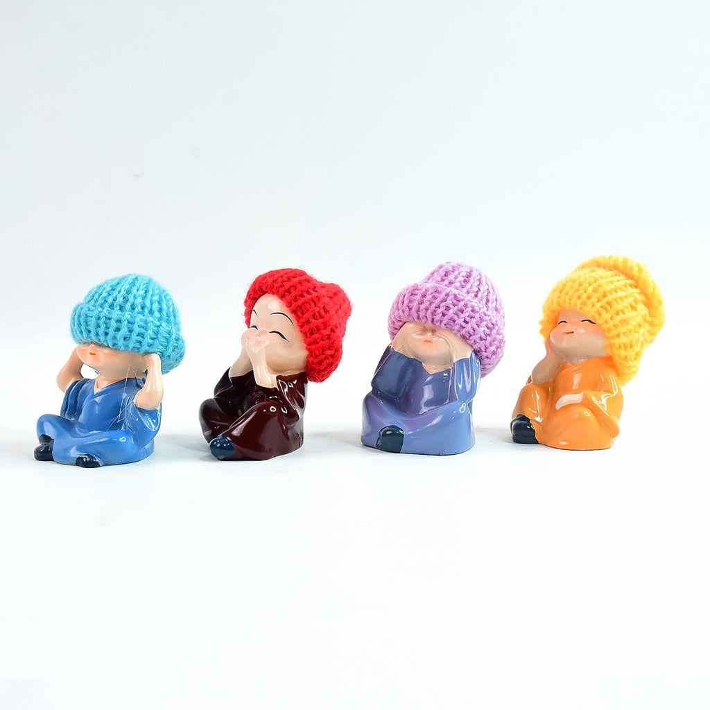 Decorative resin monk Buddha figurines set with straw hat accents for tabletop or dashboard display