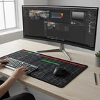 Office desk with wide mouse pad supporting keyboard and mouse