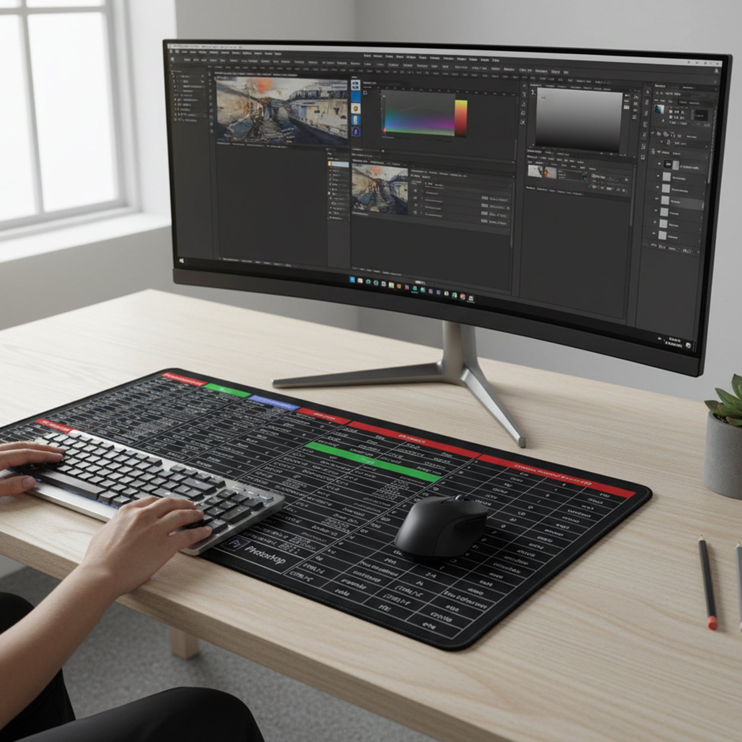 Office desk with wide mouse pad supporting keyboard and mouse