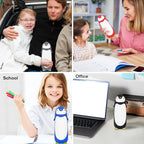 Penguin water bottle with flip-top cap open revealing drinking spout