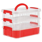 Open 3-layer transparent storage box displaying stored contents clearly