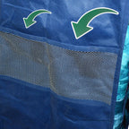Foldable baby wardrobe with zipped fabric cover removed revealing six spacious shelves