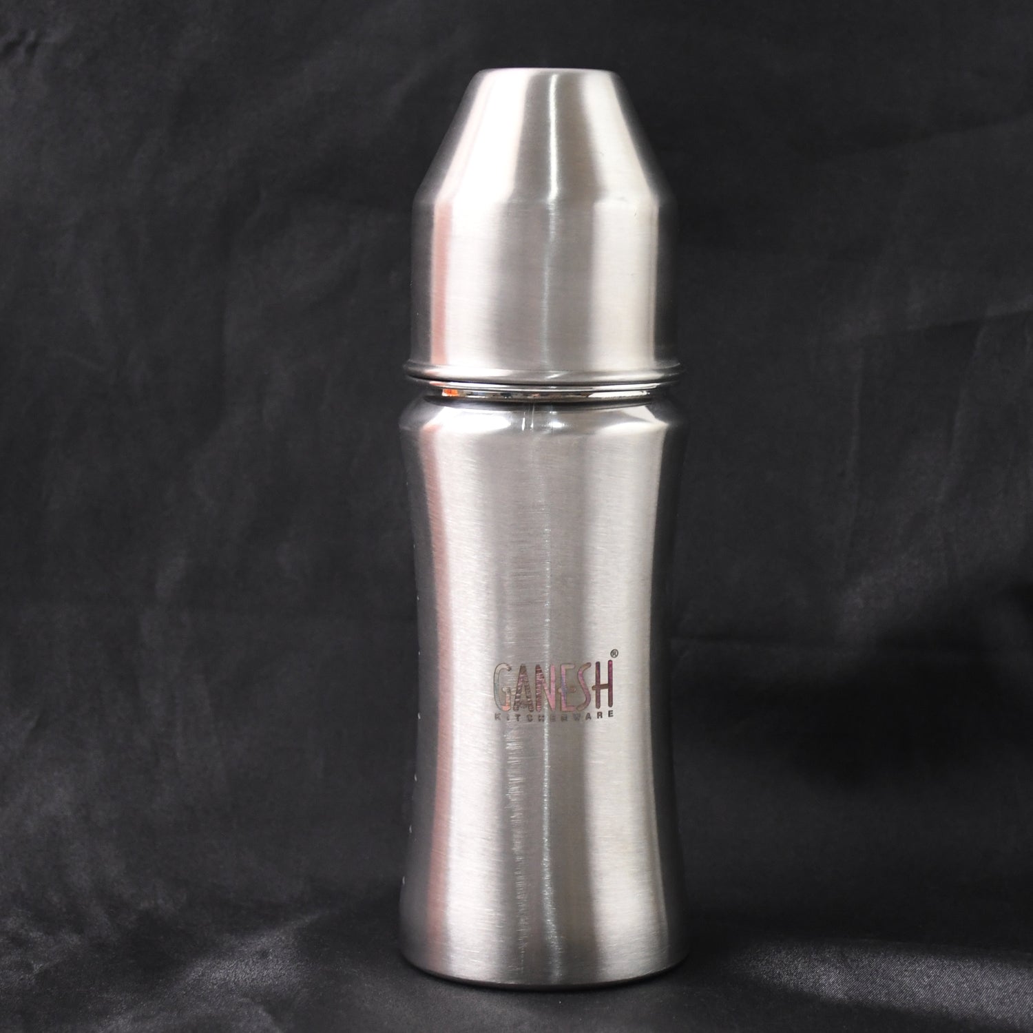 Ganesh stainless steel baby bottle, durable and easy to clean for daily use.