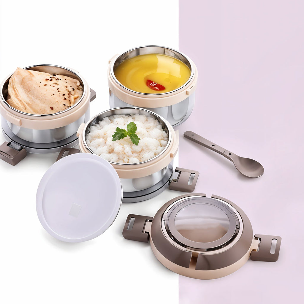 Stackable triple-layer stainless steel containers in insulated lunch box