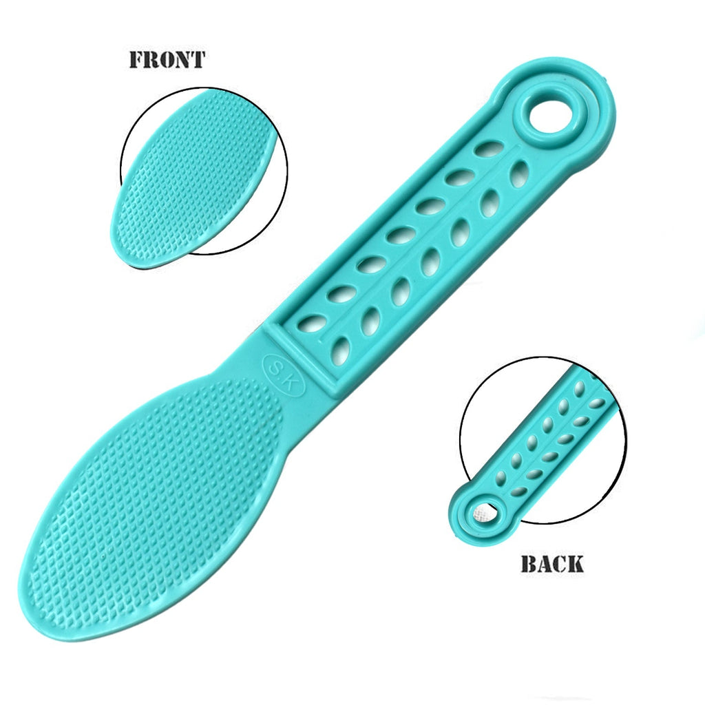 Detailed view of the plastic foot scrubber's abrasive side, designed for smooth feet.