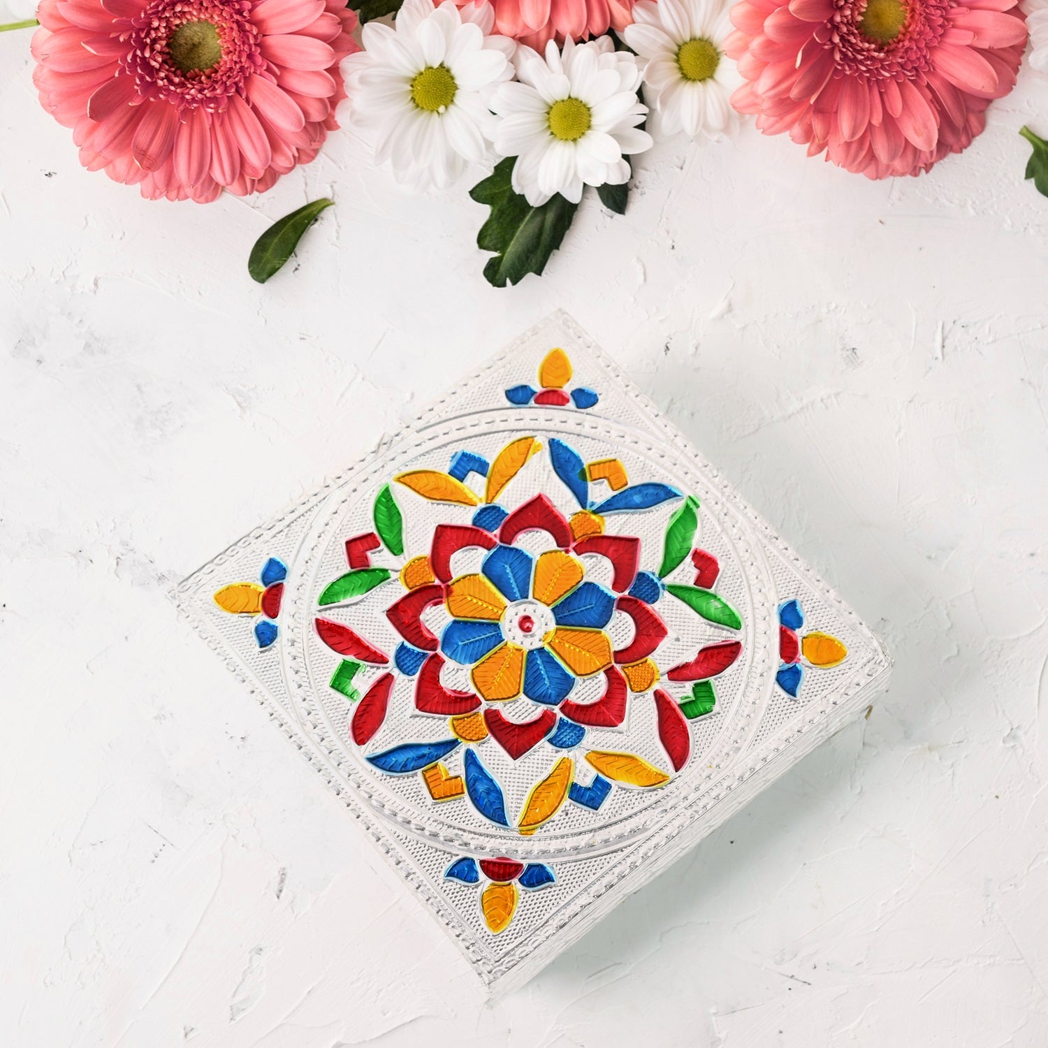 The Meenakari chowki placed as a decorative piece, enhancing traditional Indian home decor.