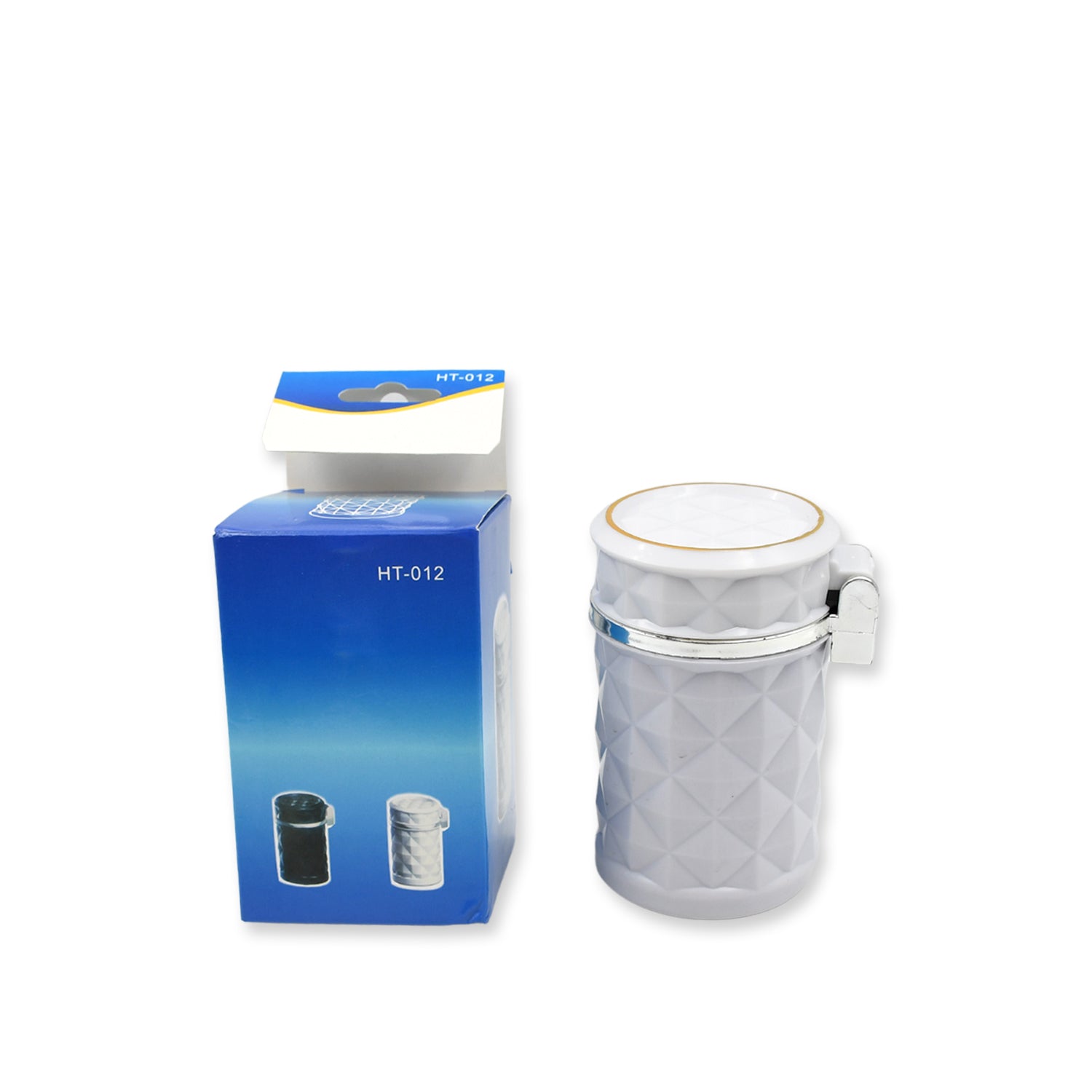 Compact car ashtray with a lid, perfect for travel and odor reduction.