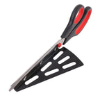 Quickslice pizza cutter scissors resting on a wooden pizza board.
