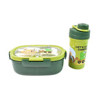 Blue leak-proof lunch box set with a sandwich, fruits, and snacks in its three compartments.