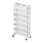 Organized plastic rolling bookshelf rack holding books and supplies
