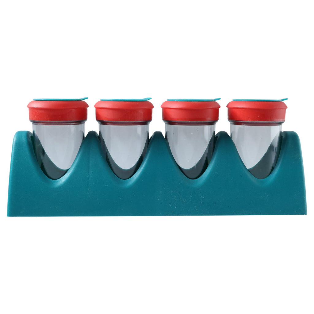 Top view of 4-in-1 spice shaker set filled with various spices