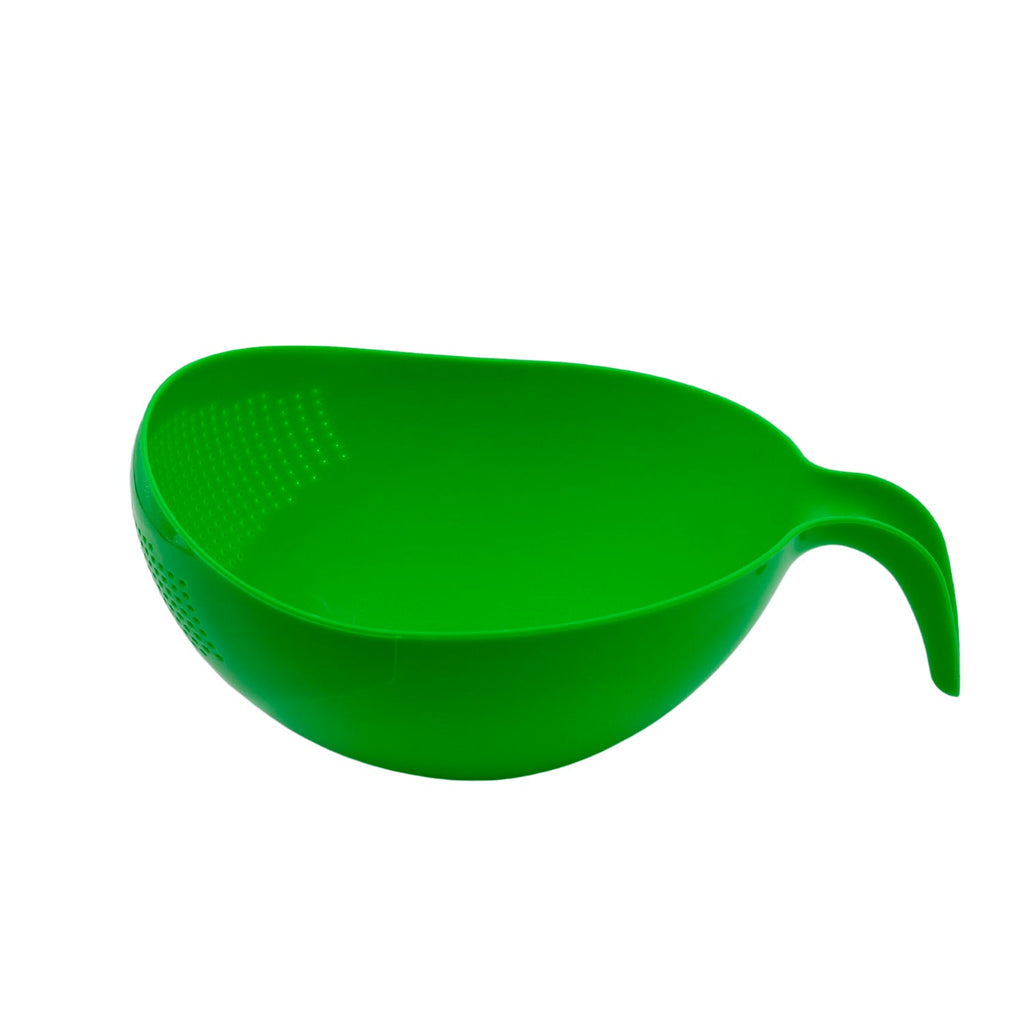 A white rice washing bowl with a thick drain basket and comfortable handle, ready for use.