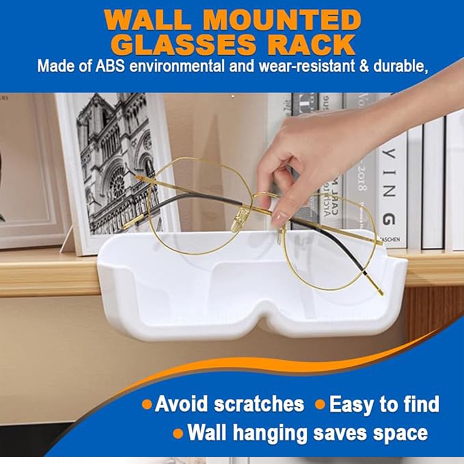 Various eyewear displayed neatly on the wall-mounted organizer, a practical glasses holder solution.